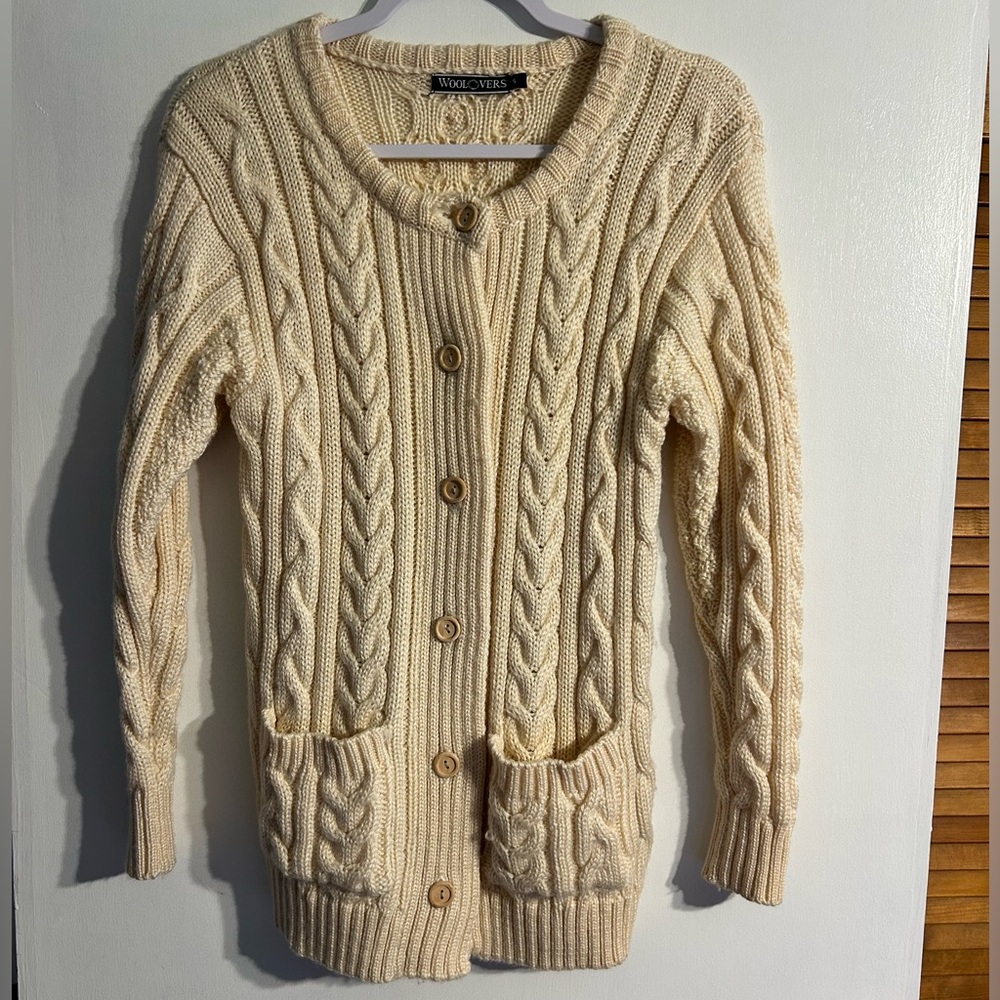 100% British Wool Vintage WoolOvers cream cable-knit Aran cardigan sweater